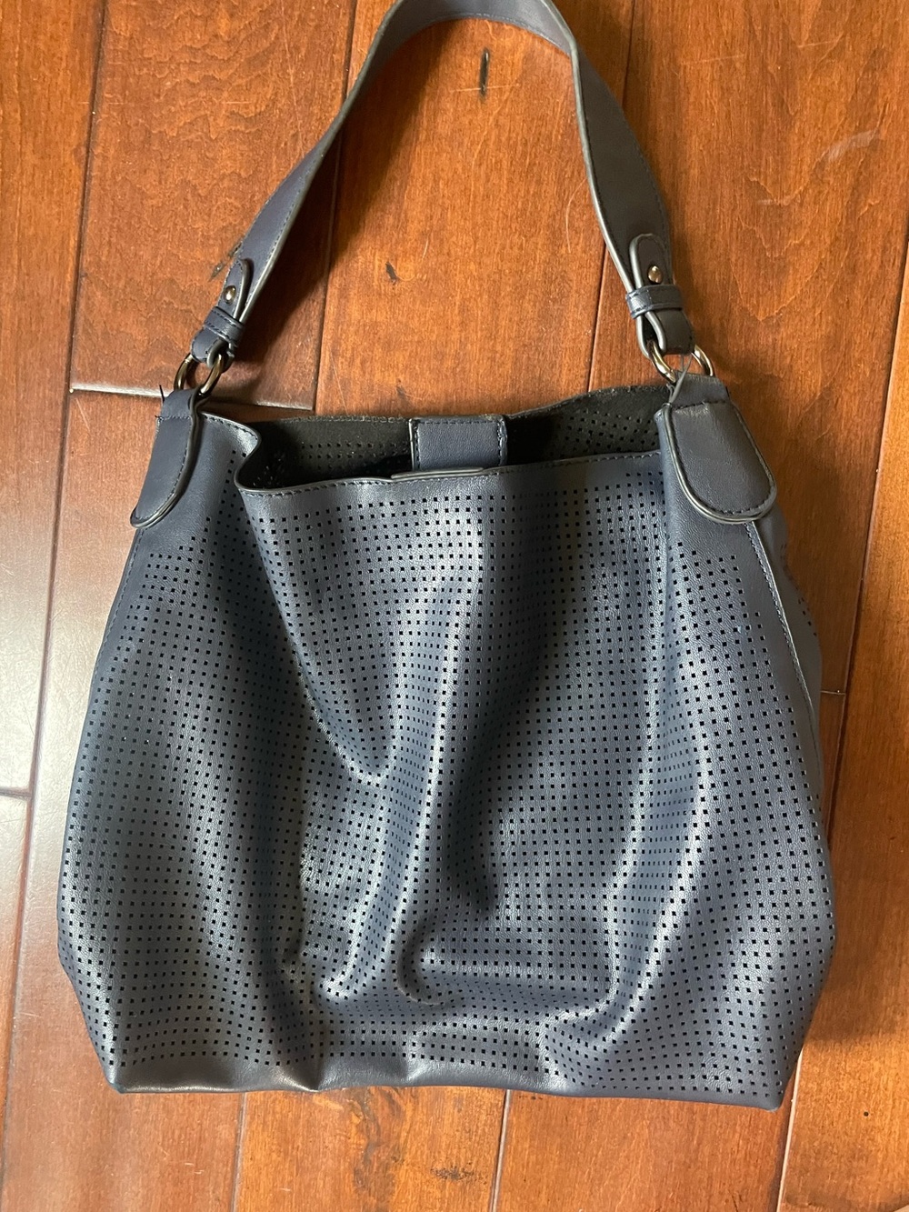 Lulu Dharma Slate Blue Perforated Laser Cut Slouchy Hobo Bag Large Shoulder Tote